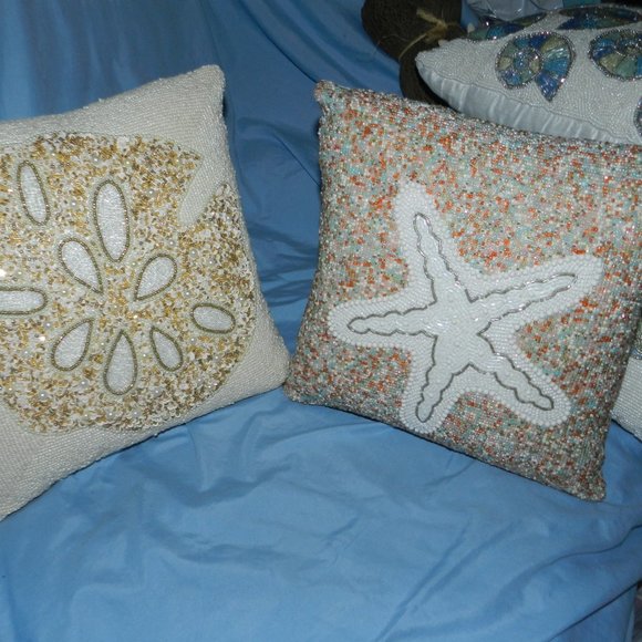 COASTAL BEADED SAND DOLLAR & STARFISH 14" X 14" THROW PILLOWS/DECOR CASES🆕HP - Picture 14 of 15